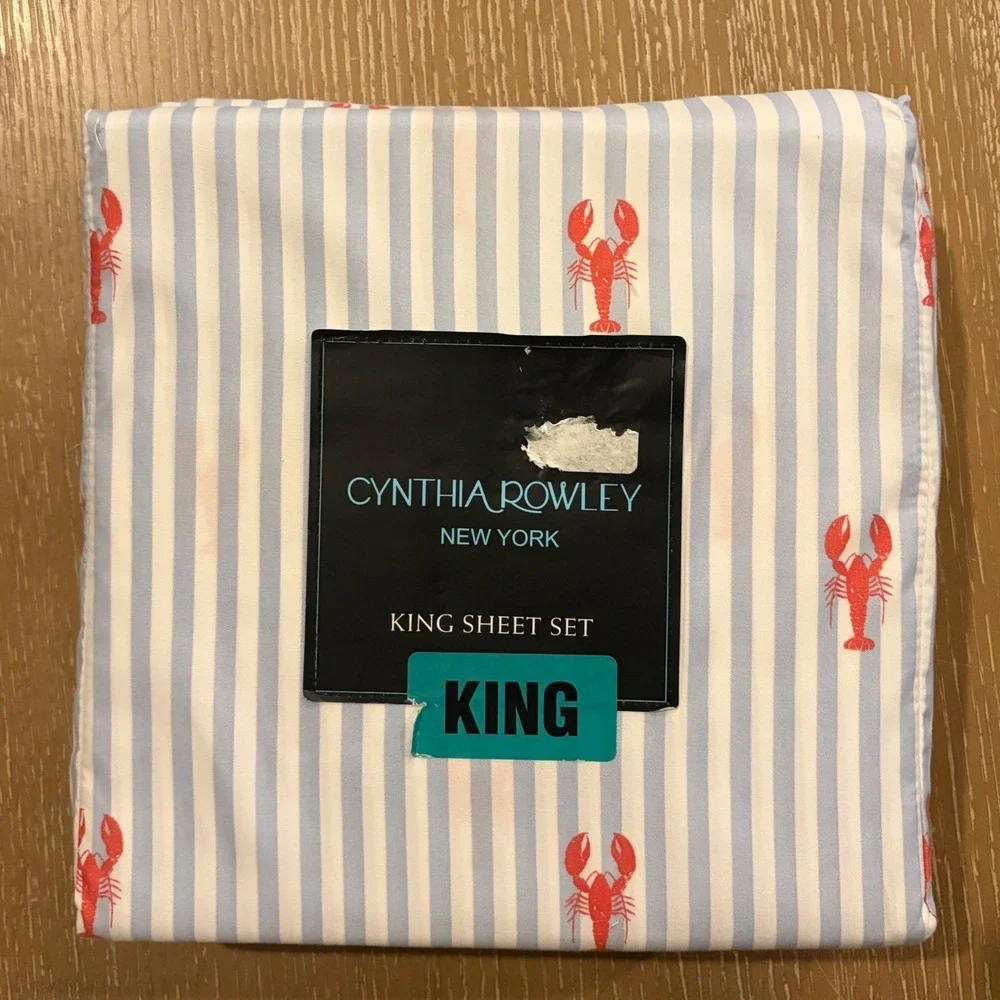 Cynthia Rowley King Sheet Set Blue White Stripe Red Lobster Coastal Nautical 4pc